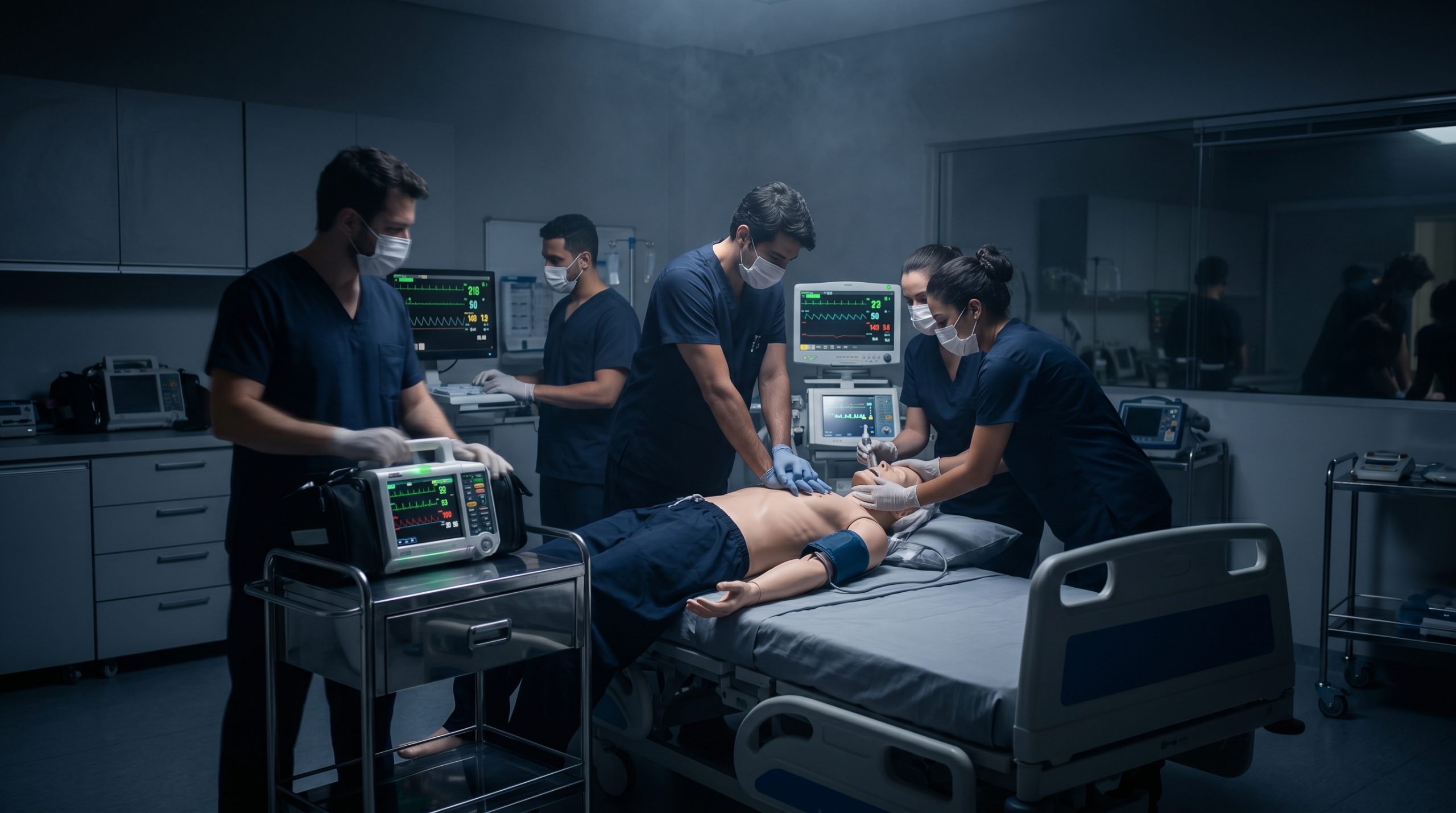 Equipe conduzindo reanimação em simulação realística no centro de simulação.