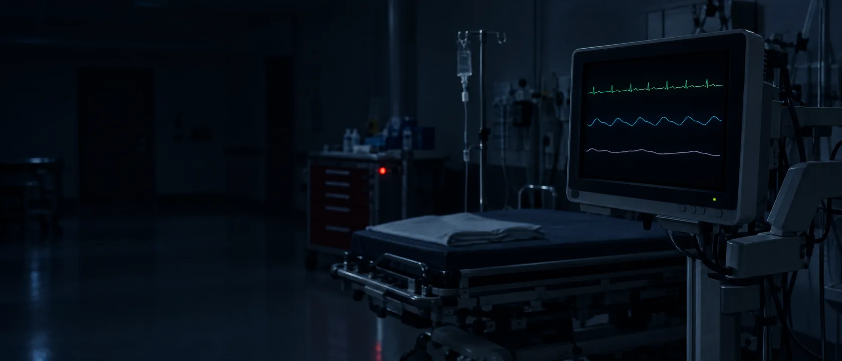 Monitor multiparamétrico aceso numa sala de reanimação vazia, de madrugada