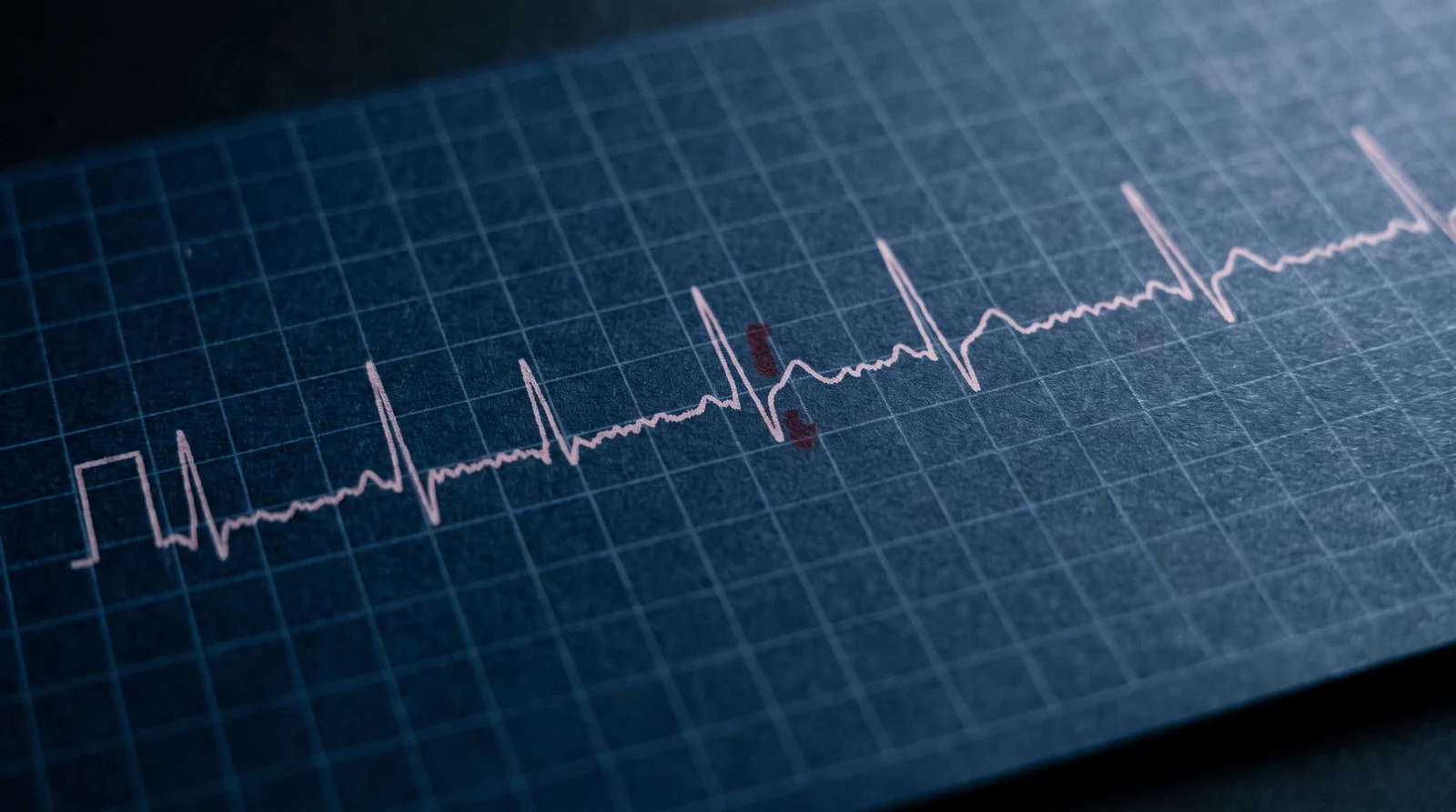 Tira de ECG em papel milimetrado escuro com ritmo irregular